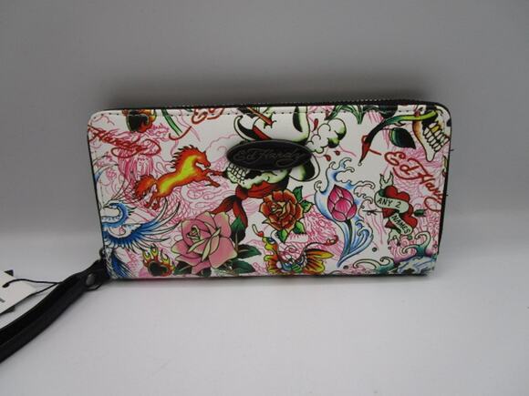 Ed Hardy Accessories - Ed‎ Hardy White Wristlet Zip Around Wallet Mom Dad Horses All Over Print